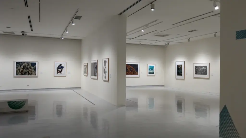 Vue d'ensemble d'une galerie d'art contemporain avec des œuvres exposées sur murs blancs.
