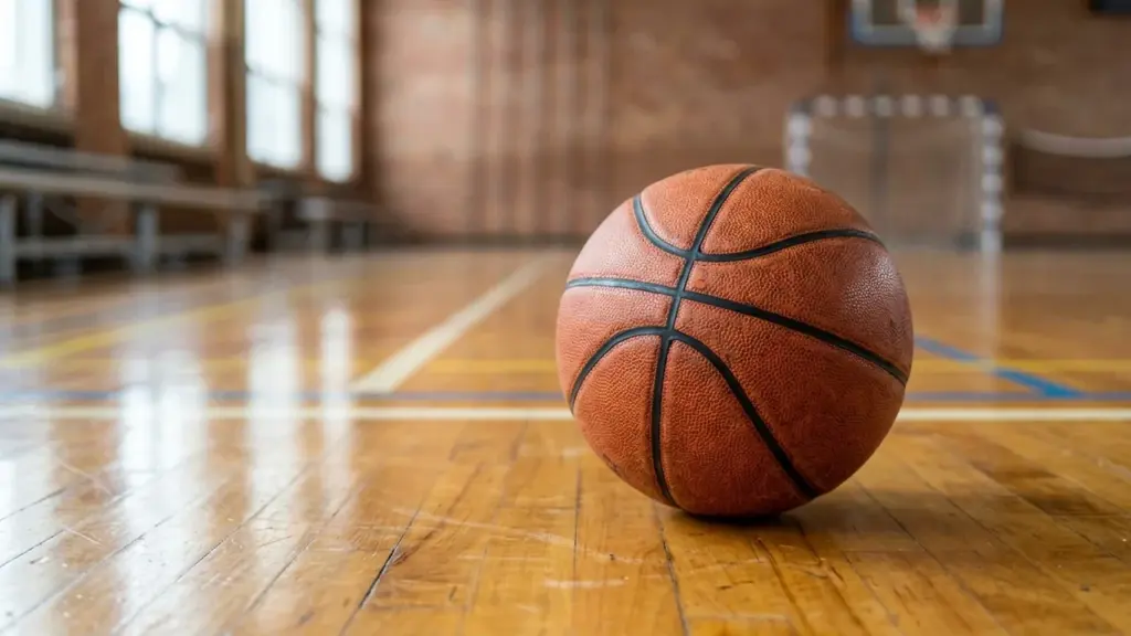 Un ballon de basket en cuir orange posé sur le parquet d'un gymnase vide.