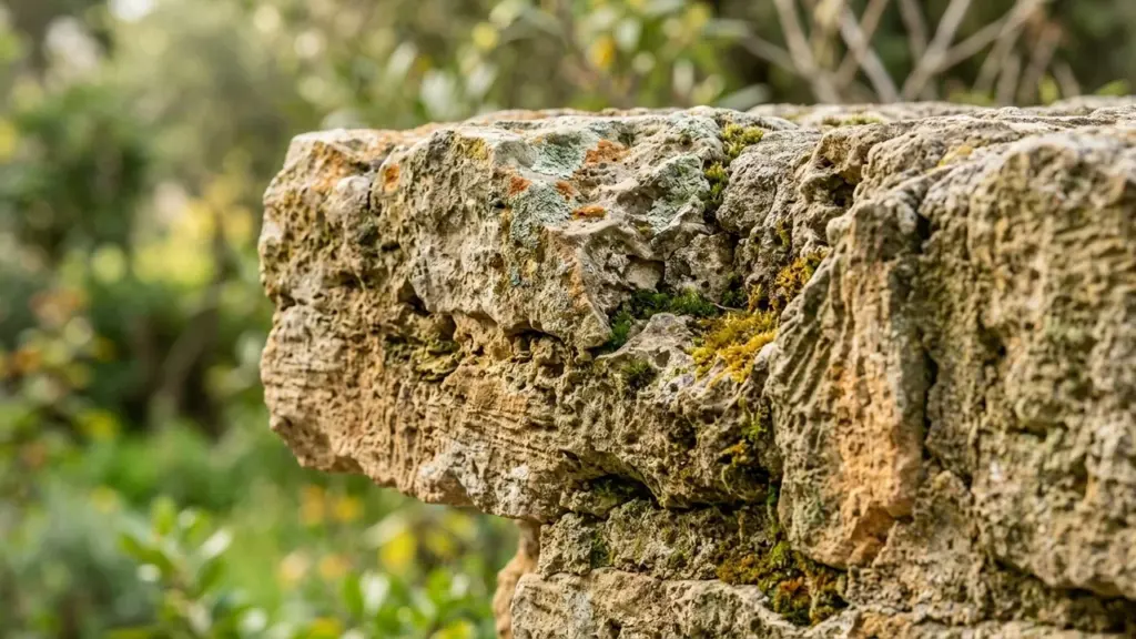 Gros plan sur un vieux mur en pierre calcaire rugueuse avec de la mousse verte.