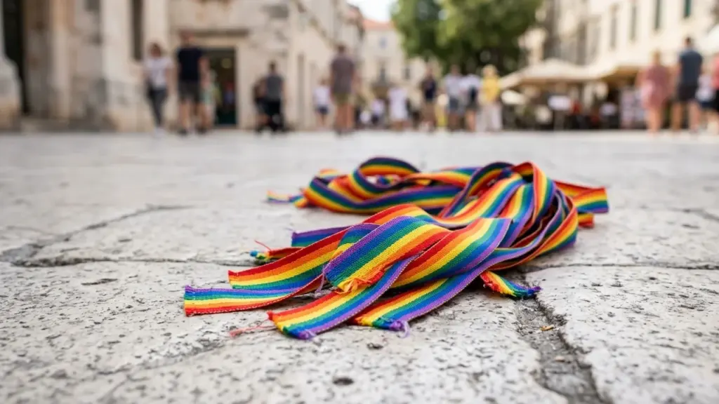 Un ruban aux couleurs arc-en-ciel est posé au sol sur une place pavée floue.