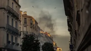 Fumée noire s'échappant d'un immeuble résidentiel en ville, rappelant les risques d'incendie.