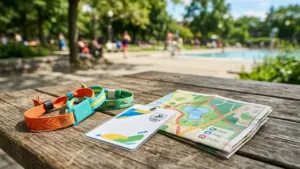 Pass d'été, bracelets colorés et carte du parc sur une table en bois extérieure.