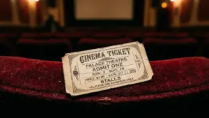 Un vieux billet de cinéma posé sur un siège en velours rouge sombre.