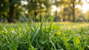 Gros plan sur de l'herbe verte avec des gouttelettes de rosée dans un parc.