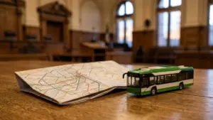 Un petit bus miniature vert et blanc posé sur une carte de réseau urbain.