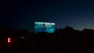 Grand écran de cinéma en plein air installé sous un ciel nocturne étoilé.