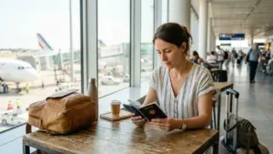 Une femme assise dans un aéroport consulte son passeport et son téléphone avant son vol.