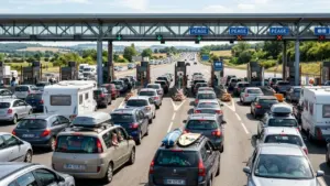 Une vue arrière d'une circulation dense de voitures et camping-cars à un péage autoroutier français.