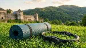 Un tapis de yoga bleu et un anneau de Pilates posés sur l'herbe verte.