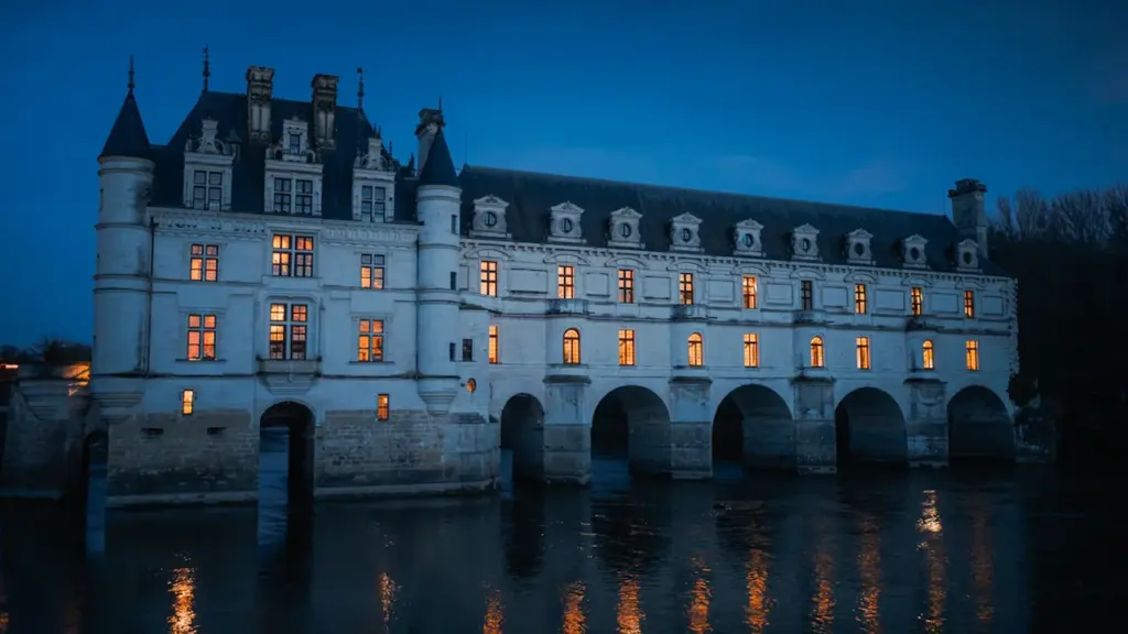 Vue nocturne du Château de Chenonceau illuminé se reflétant dans les eaux de la rivière.