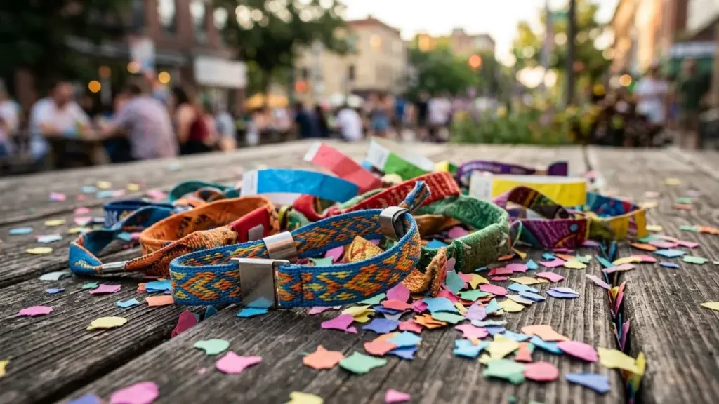 Plusieurs bracelets de festival colorés posés sur une table en bois avec des confettis.