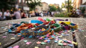 Plusieurs bracelets de festival colorés posés sur une table en bois avec des confettis.