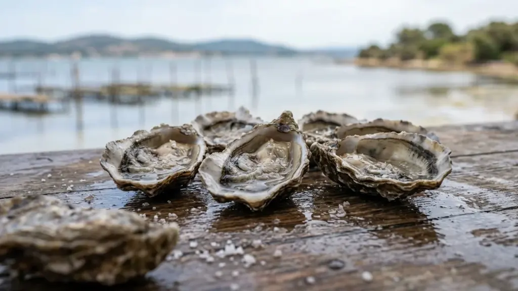 Plusieurs huîtres ouvertes disposées sur une table en bois avec du sel marin.