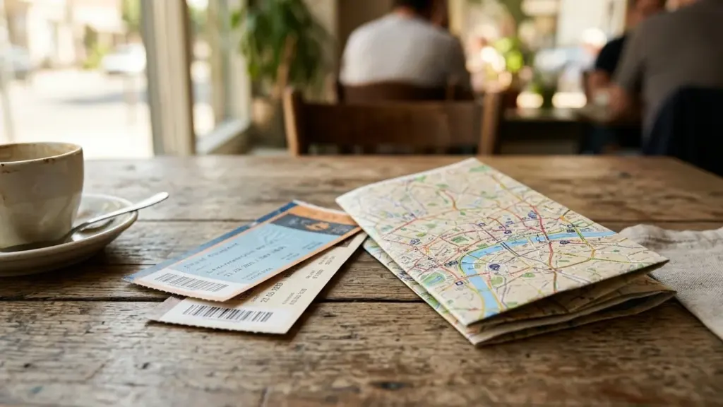 Une tasse de café, deux billets d'avion et une carte routière sur une table en bois.