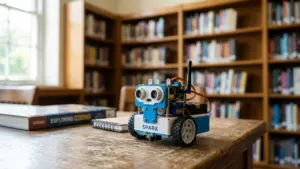 Un petit robot éducatif bleu nommé Spark posé sur une table en bois en bibliothèque.