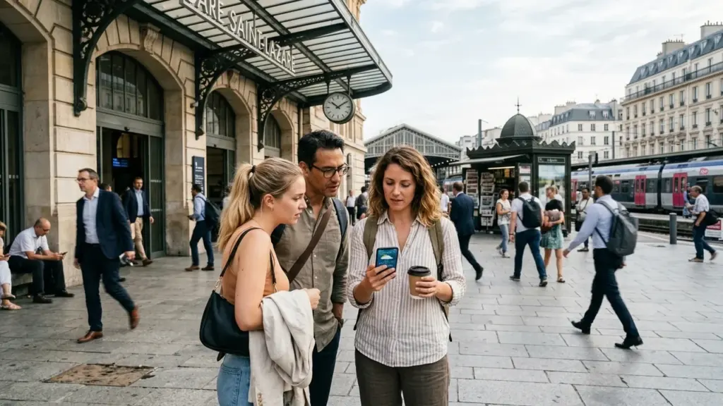 Trois personnes debout devant la gare Saint-Lazare à Paris regardent un téléphone portable.