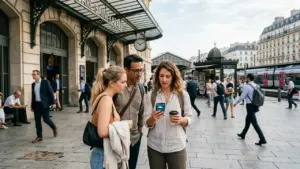 Trois personnes debout devant la gare Saint-Lazare à Paris regardent un téléphone portable.