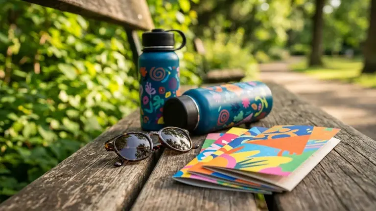 Deux gourdes bleues décorées et des lunettes posées sur un banc en bois extérieur.