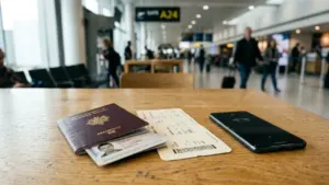 Un passeport français, une carte d'identité et un billet d'avion sur une table d'aéroport.