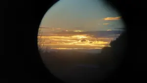 Vue circulaire d'un coucher de soleil doré traversant des nuages sombres au-dessus d'arbres silhouettes.