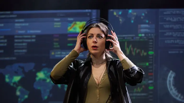 Une femme surprise porte un casque audio devant des écrans affichant des données numériques.